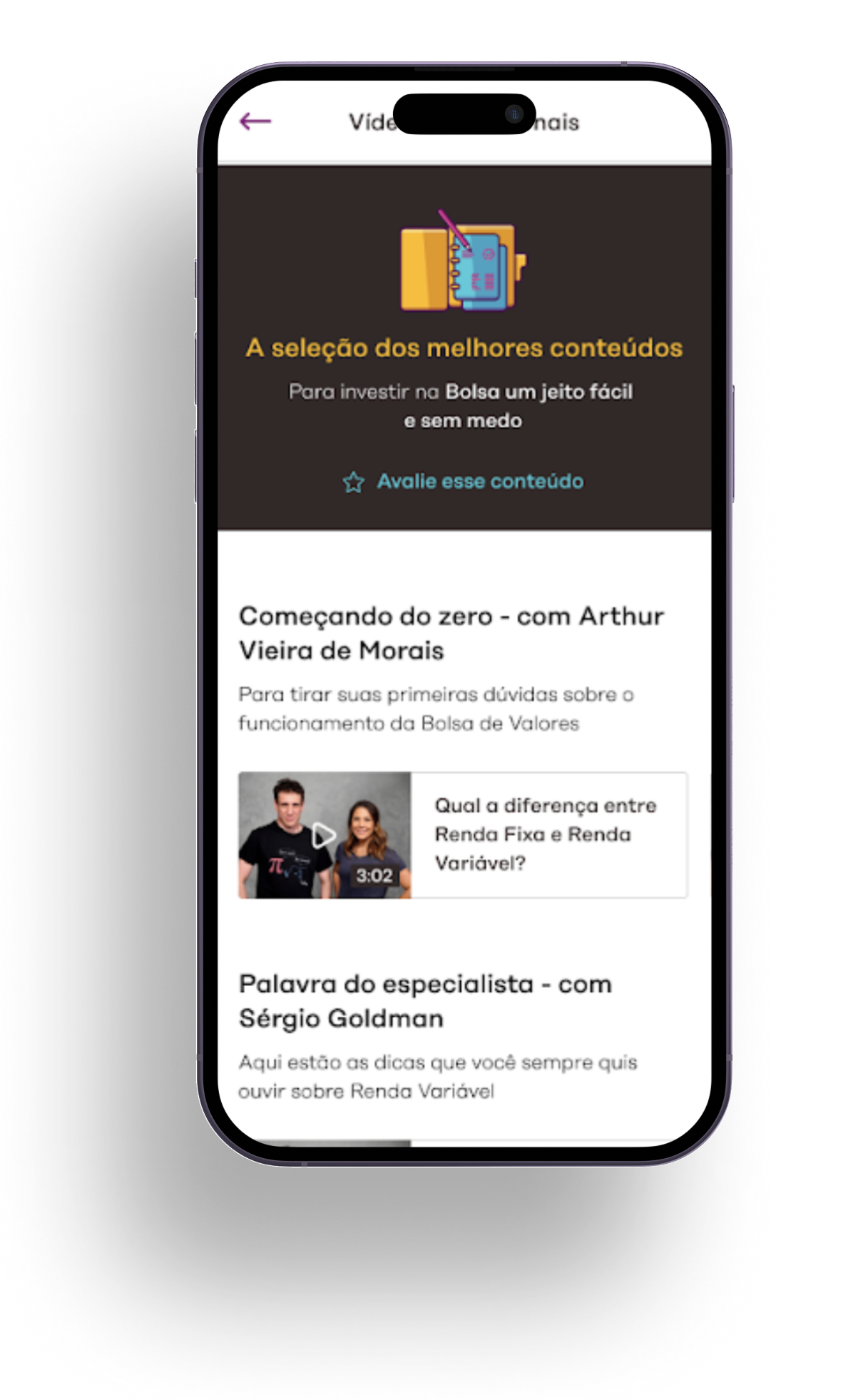 Tela do experimento com conteúdo em vídeo para apoiar a decisão de investimento
